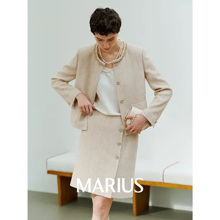 MARIUS“黑玛瑙”轻奢竹节肌理感粗花呢通勤短款小香外套半裙