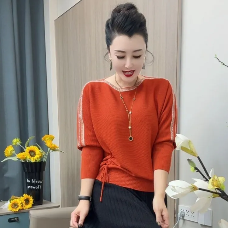 爆款上新轻奢时尚一字领烫钻休闲春秋季新款针织打底衫外穿上衣