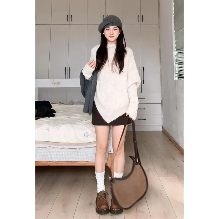 韩系ins设计感宽松不规则长袖毛衣上衣女气质高腰显瘦a字半身裙