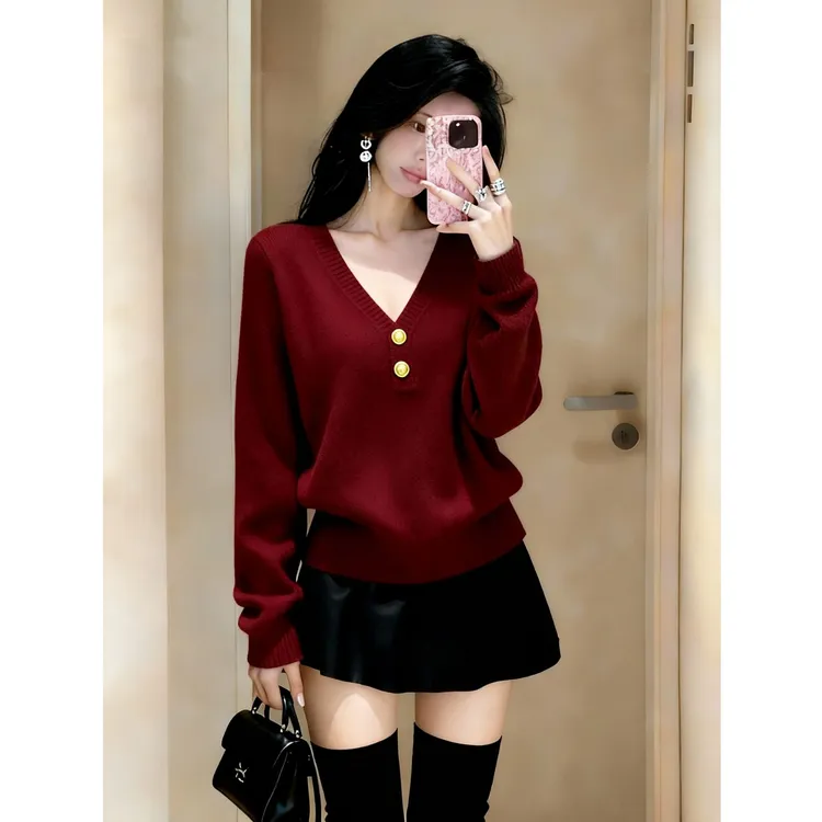 2025冬季新款轻熟小众不撞款洋气绝美红色毛衣显瘦长袖针织衫爆款