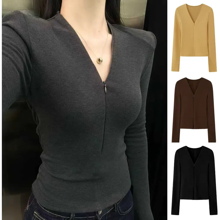 2025秋冬新款双面绒高级感阳离子V领拉链长袖女抗起球上衣7155