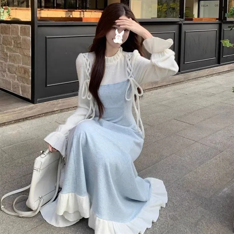 假两件连衣裙女冬绝美法式气质新款收腰显瘦木耳边女装长裙子