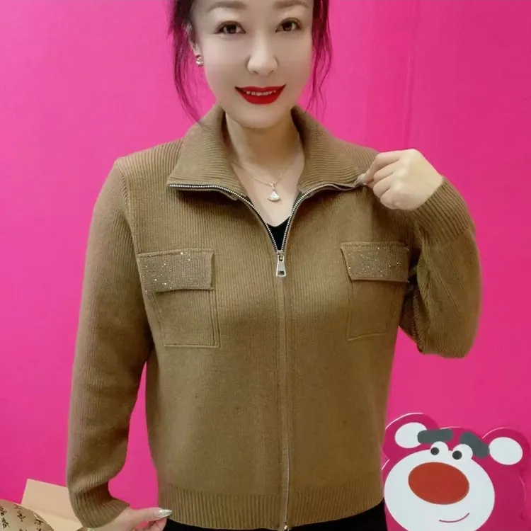 春季新款兜带钻针织开衫