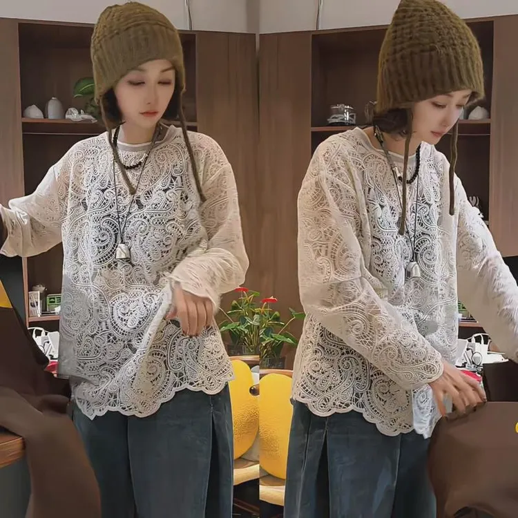 白色长袖蕾丝小衫女2025春秋新款宽松设计感钩花镂空打底别致上衣