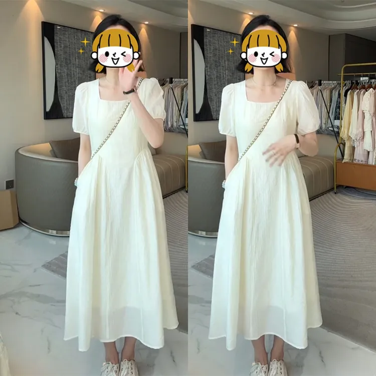 温柔千金风2025夏季新款大码极简风宽松显瘦遮肉法式方领连衣裙