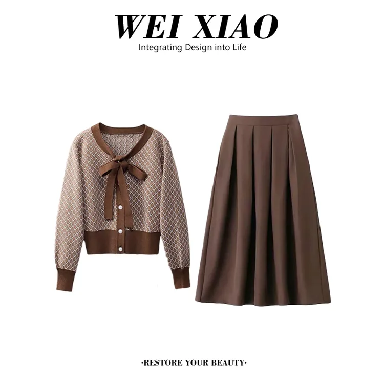 美拉德复古咖色针织套装女2026春秋新款单排扣长袖针织衫+半身裙