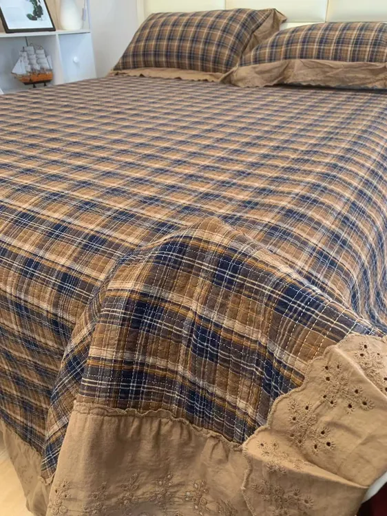 法式复古风全棉格子床盖三件套夹棉加厚床单四季通用