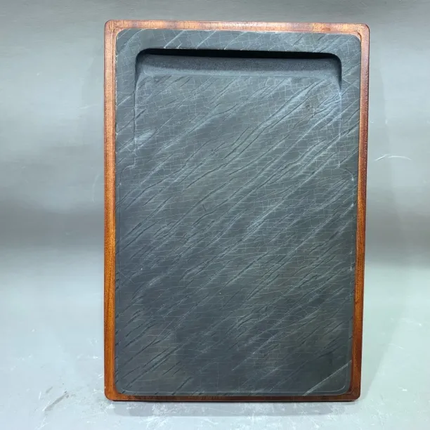 歙砚老坑龟甲细网格白眉长方素砚台文房四宝尺寸21.2/14/1.9厘米