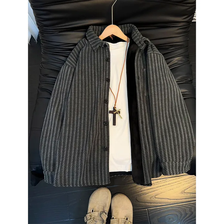 小香风千鸟格翻领衬衫男款冬季加绒加厚保暖针织卫衣cleanfit外套