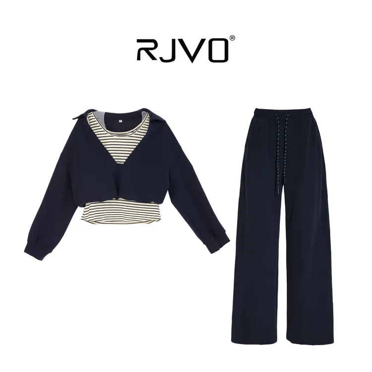 RJVO新款气质日常通勤宽松慵懒风拼接条纹假两件套装
