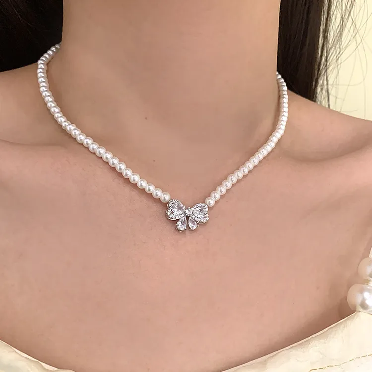 合金吊坠 【艺凡】法式轻奢蝴蝶结珍珠项链小众复古优雅锁骨链女