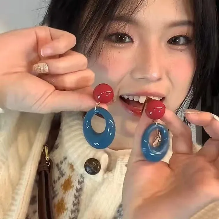 合金树脂耳饰 非金属树脂耳饰 复古港风蓝色圆圈耳钉女款度假风
