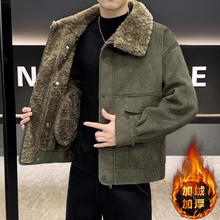 HAMOLENA冬季男士毛领加绒夹克男装新款秋冬加绒加厚保暖外套