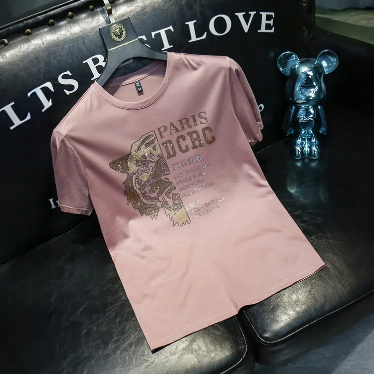 希敦纽勒欧货潮牌短袖T恤男士夏季时尚舒适修身烫钻时尚半袖上衣