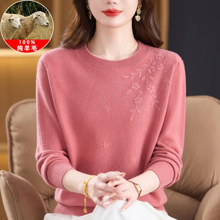 羊毛衫女100纯羊毛洋气妈妈针织绣花打底衫新款圆领宽松保暖毛衣