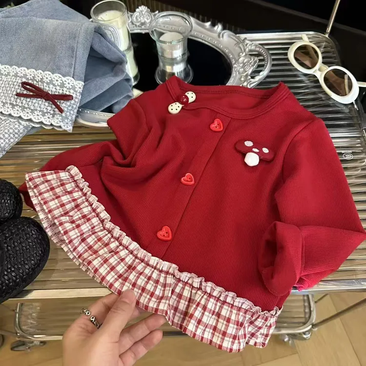 宝宝卫衣新款韩版休闲时髦可爱2025红色蘑菇拼接儿童裙摆上衣卫衣