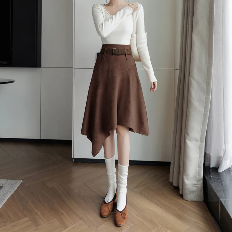 2025秋冬新款气质时尚不规则半身裙高腰辣妹拼接复古显瘦大摆伞裙