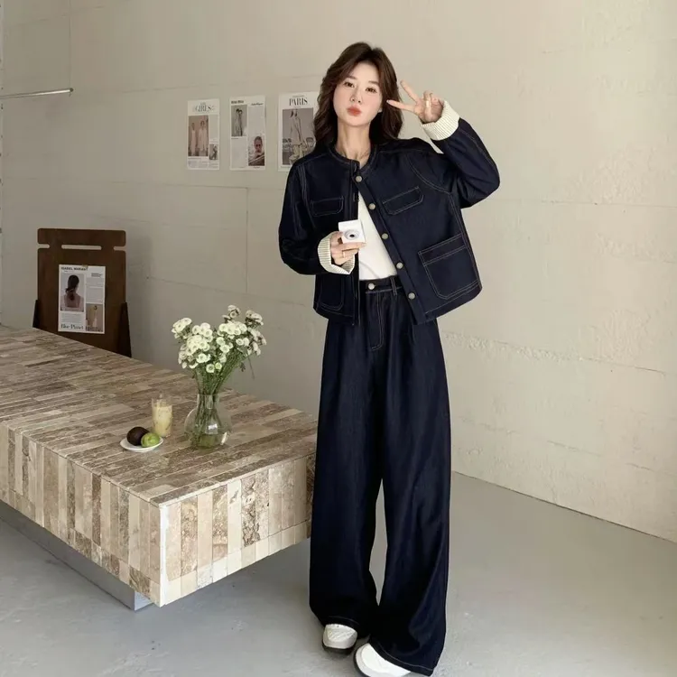 诗瑰莱老钱风牛仔套装春秋流行超火盐系穿搭上衣外套阔腿8023