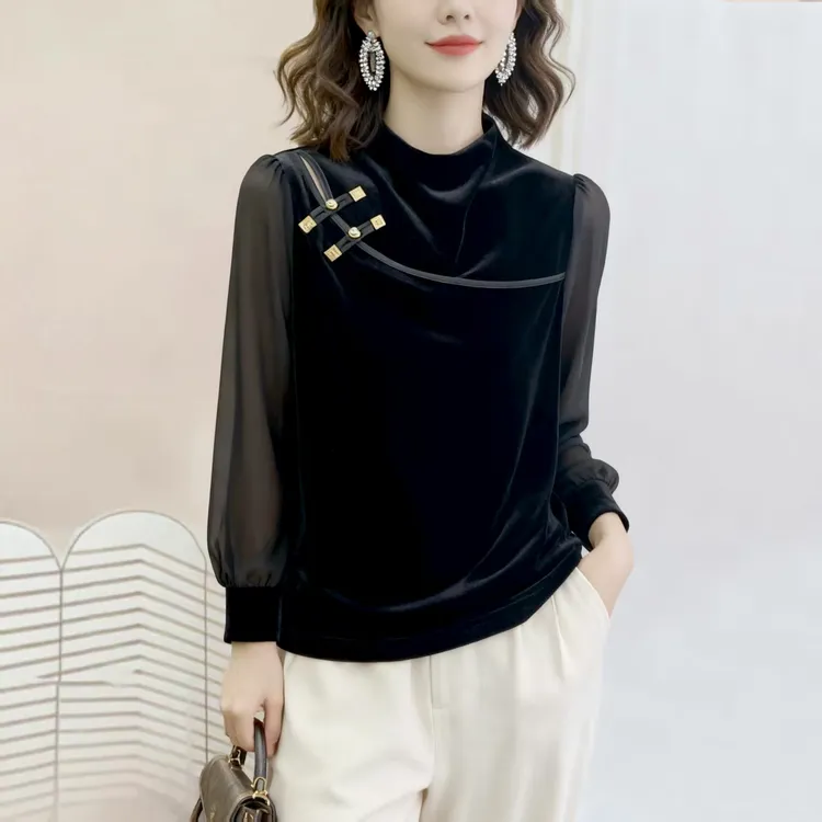 金丝绒上衣女2025新款洋气长袖T恤大码秋冬内搭半高领打底衫