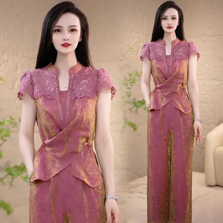 新款洋气质显瘦时尚套装女2025夏季蕾丝拼接短袖上衣阔腿裤两件套