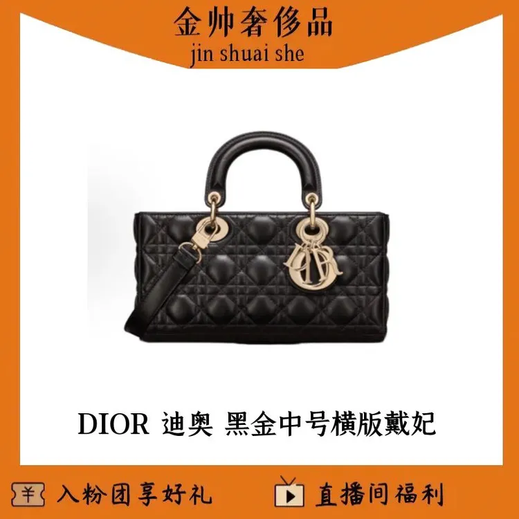 99新 DIOR/迪奥 黑金/中号/横版戴妃/单肩包/B5618
