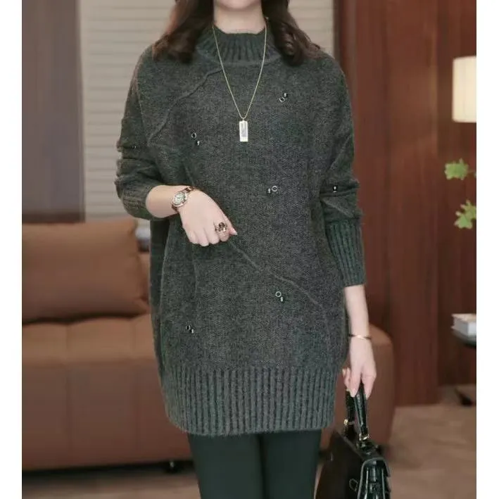 高级感毛衣女秋冬2024新款气质减龄设计感中长款针织打底衫潮2853