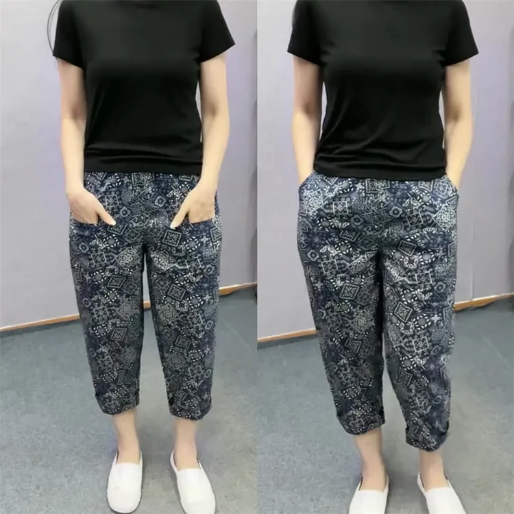 夏季八分蓝色休闲哈伦裤女