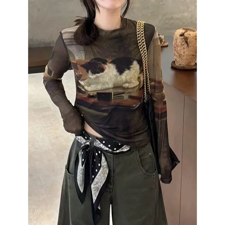 x8857#减龄休闲小猫印花薄款长袖上衣早秋新款圆领网纱打底T恤衫