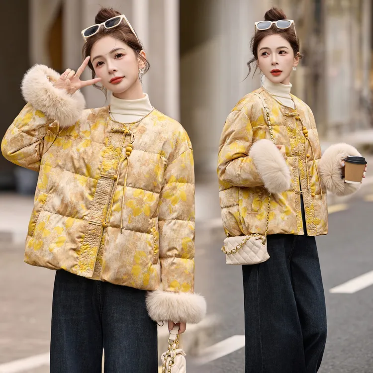 新中式国风狐狸毛拼接羽绒服女2025冬季新款复古印花白鸭绒短外套