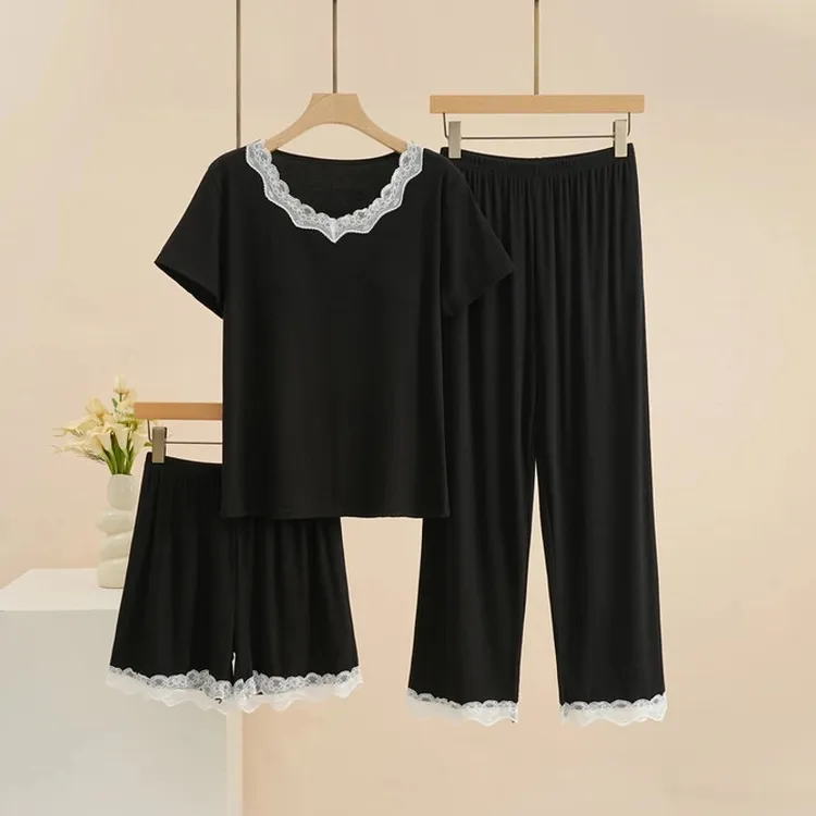 带胸垫睡衣女春夏秋季莫代尔条纹短袖长裤蕾丝可外穿家居服三件