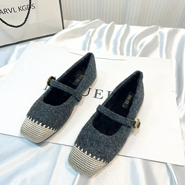 厚款玛丽珍鞋平底小香风法式 一字扣加绒单鞋方头平跟棉鞋毛毛鞋