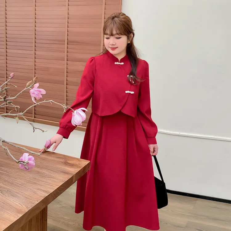新中式大码连衣裙胖妹妹红色套装拼接斜襟斜肩长裙敬酒服回门结婚