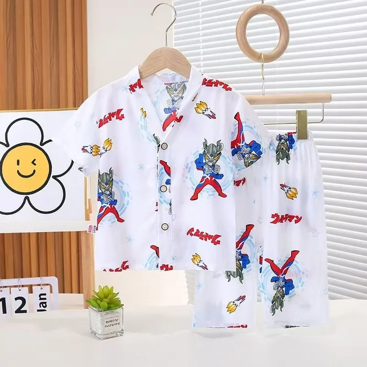 儿童夏季空调家居服套装薄款睡衣棉绸儿童睡衣新款空调服宝宝短袖