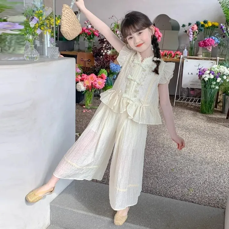 新中式女童夏装套装2025新款儿童国风汉服小女孩夏季阔腿裤两件套