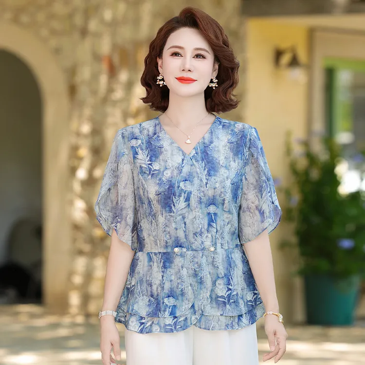 妈妈夏装套装2025新款中老年女装夏季短袖雪纺小衫端庄大气上衣服
