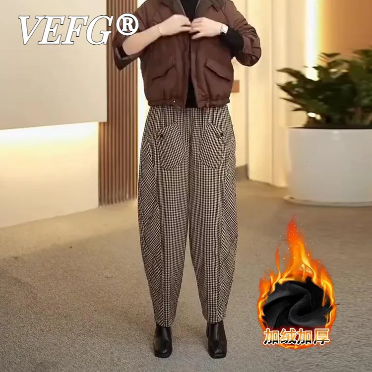 VEFG格子加绒加厚保暖裤子女秋冬2025新款高腰显瘦小个子休闲哈伦