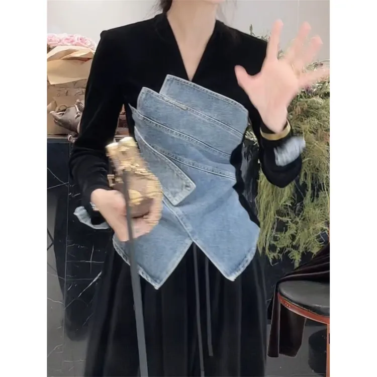 法式浪漫漂亮花朵重工牛仔拼接丝绒长袖衬衫女气质V领高级感上衣