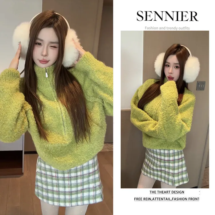 秋季温柔穿搭女2025新款韩版洋气短款针织开衫百搭格子短裙两件套