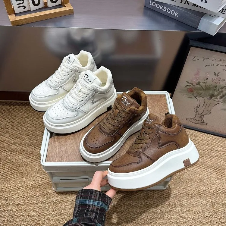 厚底真软皮高帮鞋女2025秋冬新款女加绒保暖棉鞋松糕休闲运动板鞋