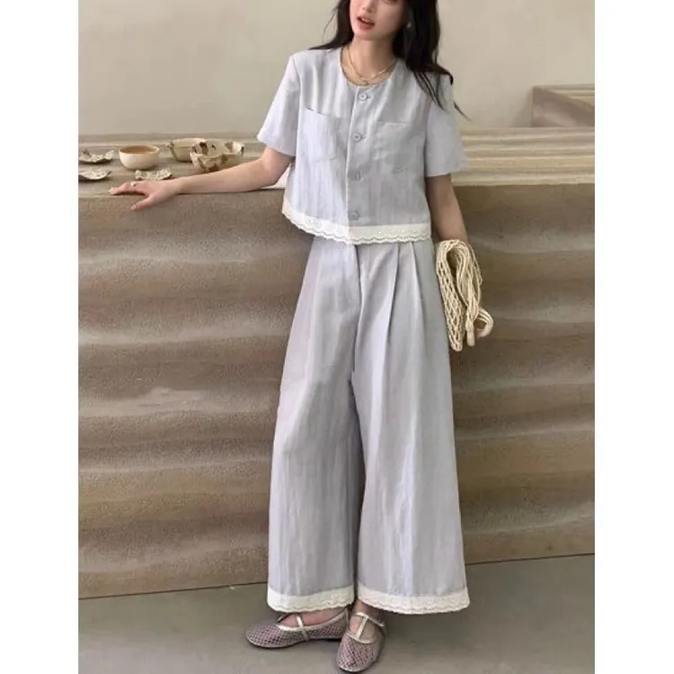 2025夏季新款洋气设计感时尚套装女短袖开衫上衣+阔腿裤两件套