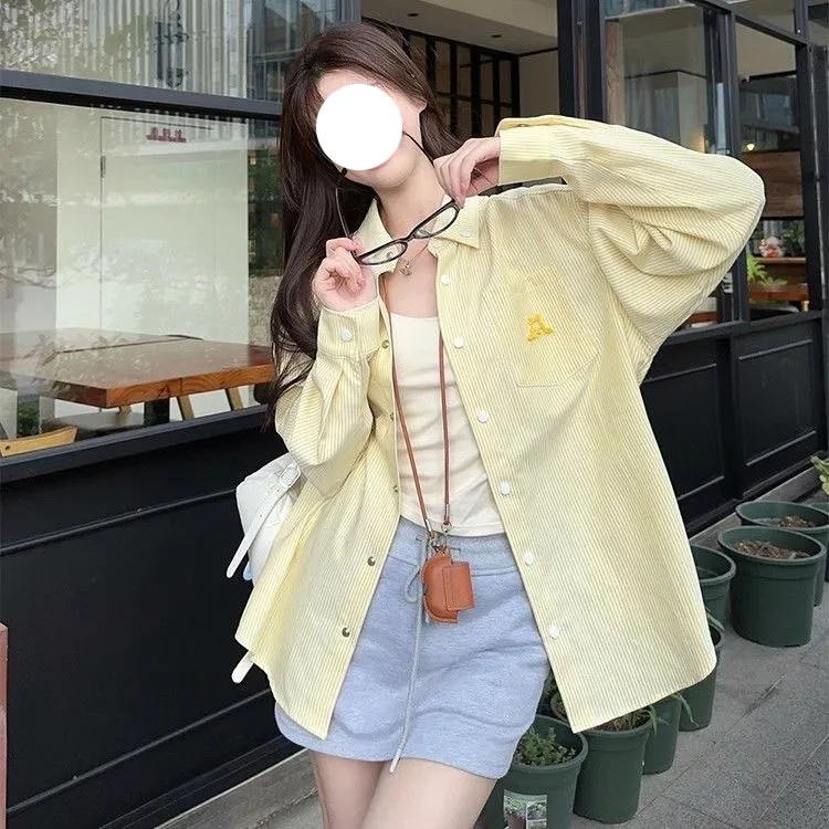 黄色外搭防晒长袖开衫女早秋新款小狗刺绣条纹宽松polo领衬衫衬衣