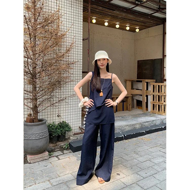 气质背心拼接网纱设计上衣+百搭阔腿裤套装女13809