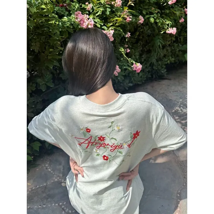 美式复古刺绣设计感圆领短袖t恤女夏季潮牌oversize中长款上衣服