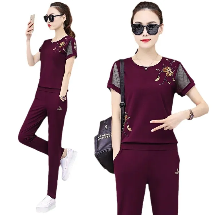 短袖2024女女妈妈装中老年新品休闲套装夏装大码夏季复古两件套装