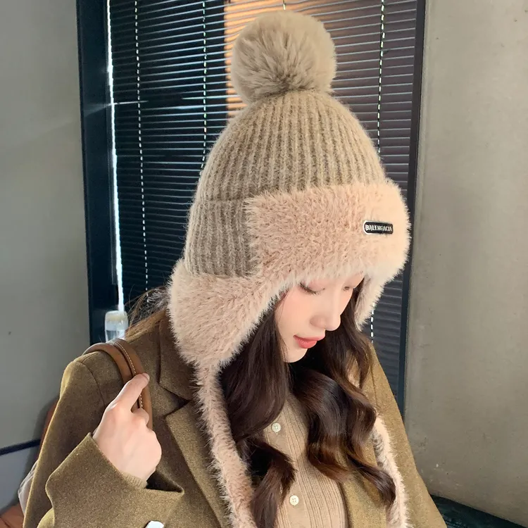 加绒雷锋帽女款冬季全毛东北防寒护耳冬帽保暖系带包头针织毛线帽