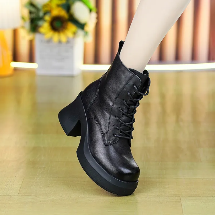 5307新款头层牛皮一体粗跟短靴女厚羊毛保暖棉靴纯牛皮增高马丁靴