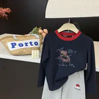 leomama童装秋装女童洋气上衣25新款儿童撞色长袖T恤印花打底衫