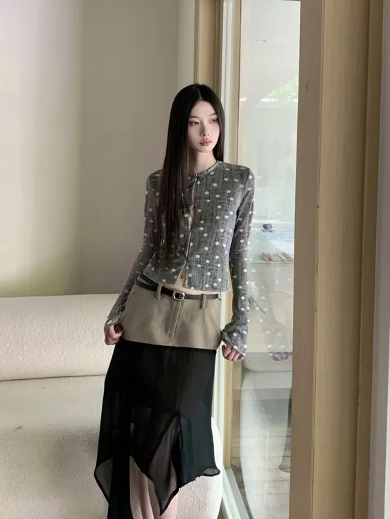 复古辣妹设计感短款露脐波点印花长袖针织开衫女秋季修身收腰上衣