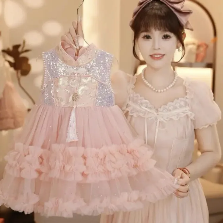 蓬蓬裙春秋季女孩秋季裙子夏季中国风连衣裙洋气女宝网纱裙背心裙