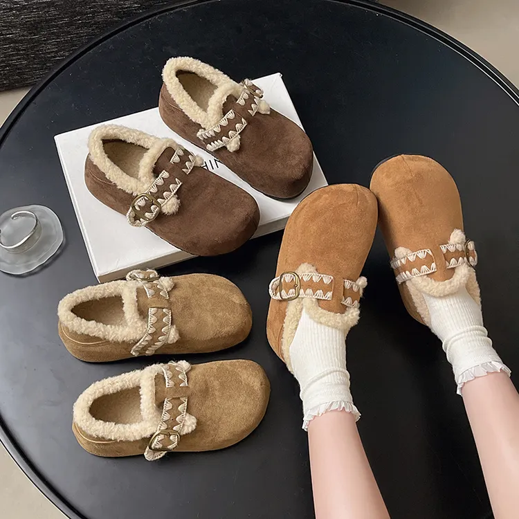 毛绒小个子厚底勃肯鞋女冬季加绒女款一脚蹬百搭深色韩版防滑棉鞋